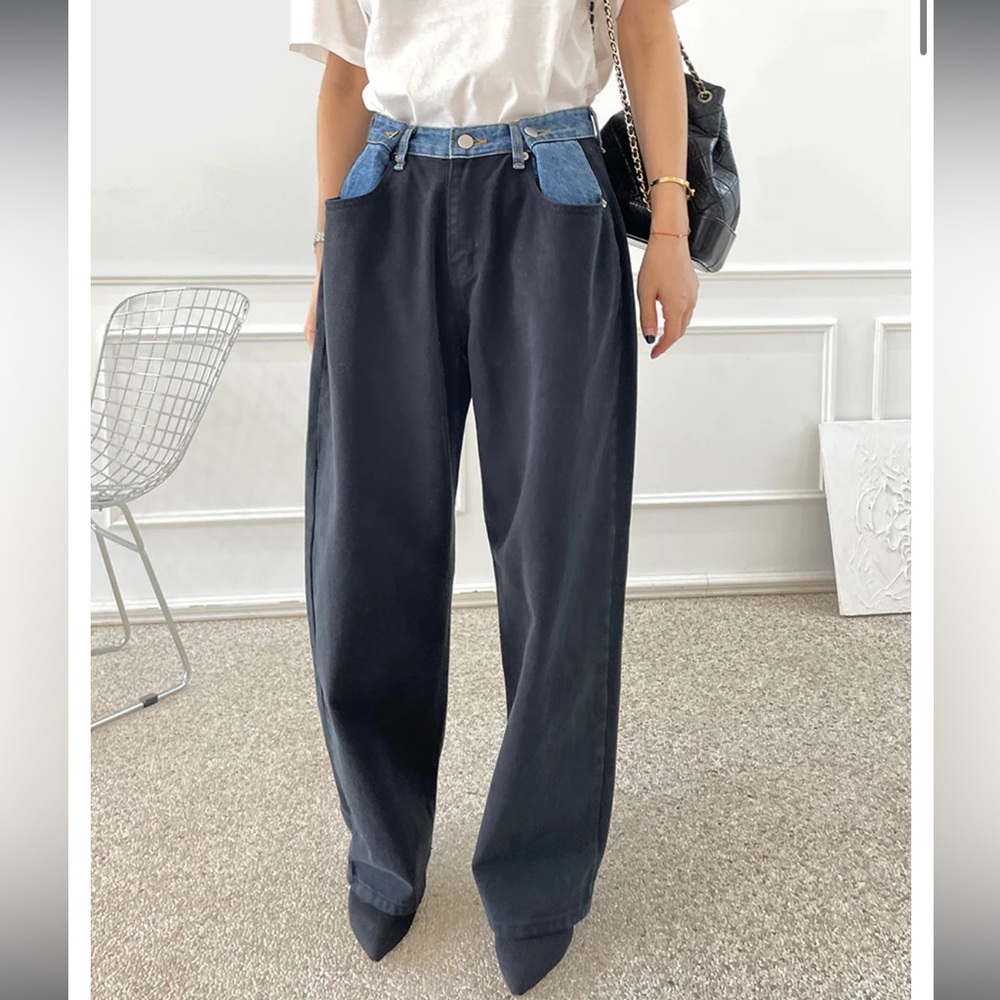 Frankie Shop HAYLA CONTRAST DENIM PANTS - BLACK/BLUE